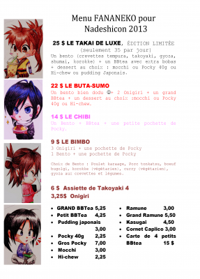 Menu 1 FANANECO pour Nadeshicon 2013